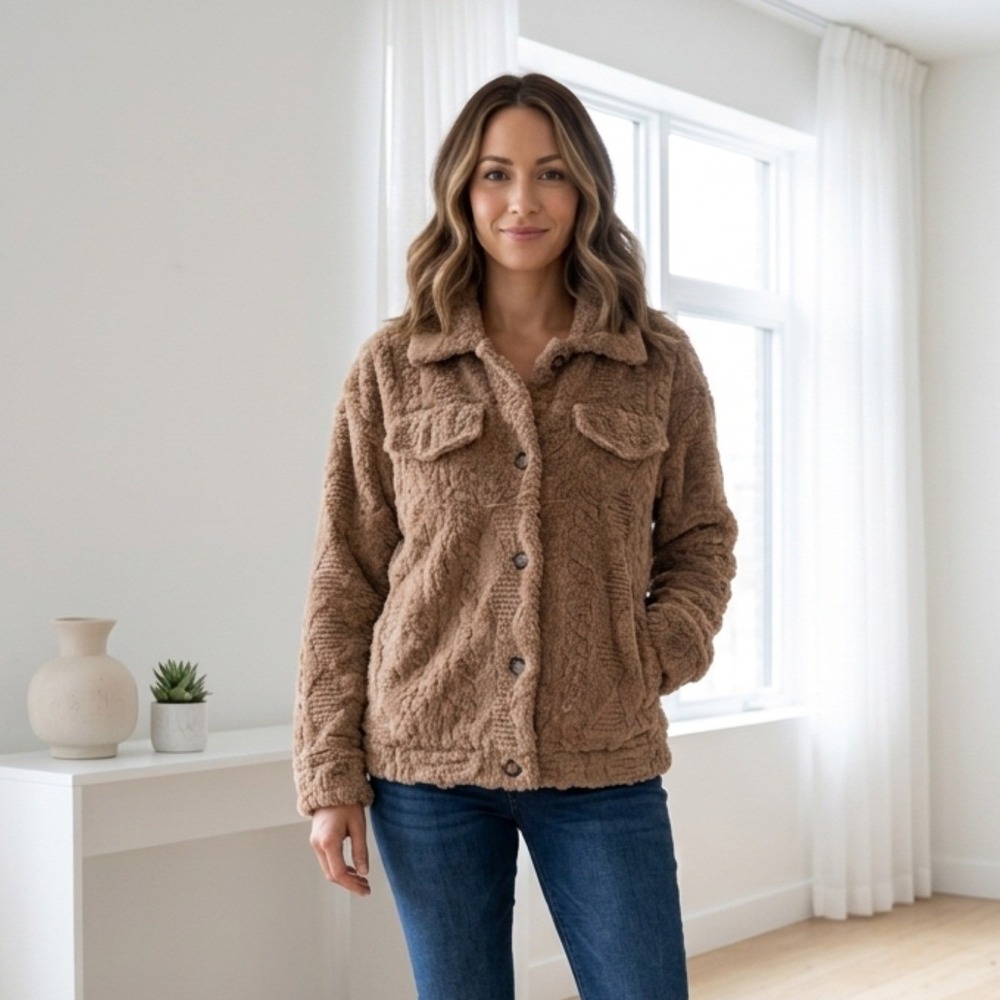 Dokotoo‎ Fleece Jacket Womens Large Brown Faux Fur Shacket Button Up Cozy Warm